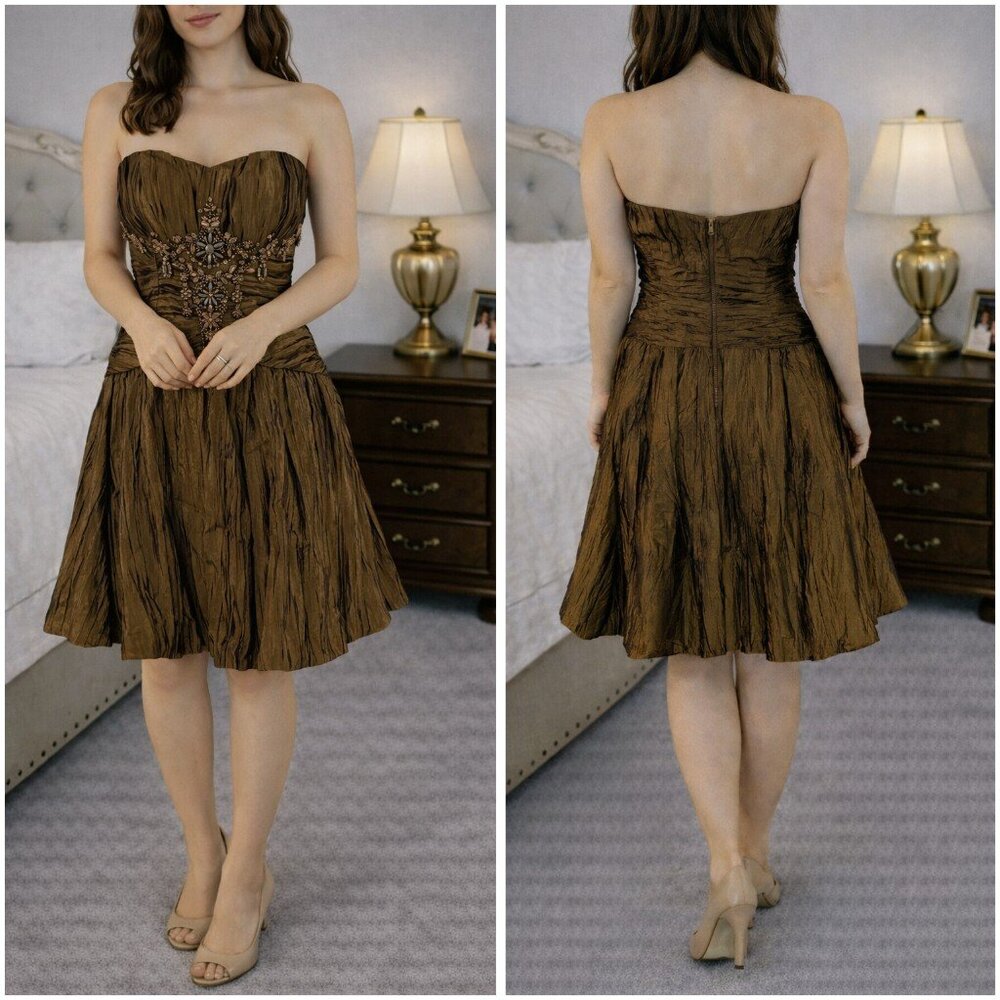 Sue Wong Bronze Beaded Strapless Y2K Cocktail Dress $398